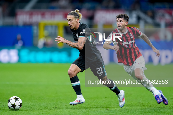 Kostas Tsimikas of Liverpool FC during the UEFA Champions League 2024/25 League Phase MD1 match between AC Milan and Liverpool FC at Stadio...