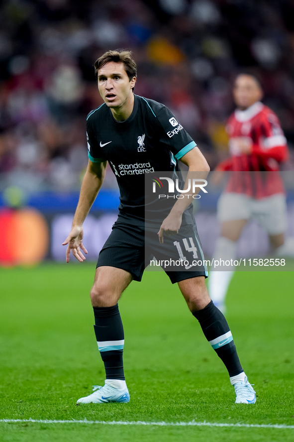 Federico Chiesa of Liverpool FC looks on during the UEFA Champions League 2024/25 League Phase MD1 match between AC Milan and Liverpool FC a...