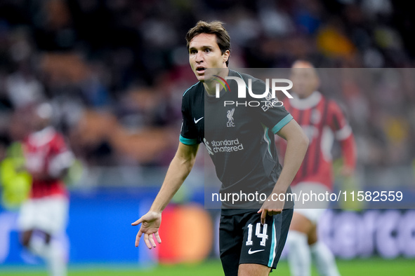 Federico Chiesa of Liverpool FC looks on during the UEFA Champions League 2024/25 League Phase MD1 match between AC Milan and Liverpool FC a...