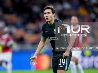 Federico Chiesa of Liverpool FC looks on during the UEFA Champions League 2024/25 League Phase MD1 match between AC Milan and Liverpool FC a...