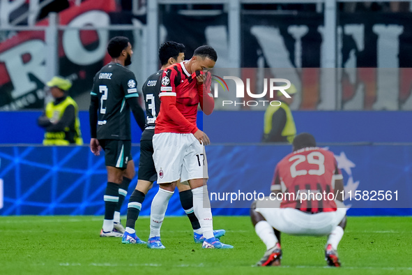 Noah Okafor of AC Milan and Youssouf Fofana of AC Milan look dejected at the end of the UEFA Champions League 2024/25 League Phase MD1 match...