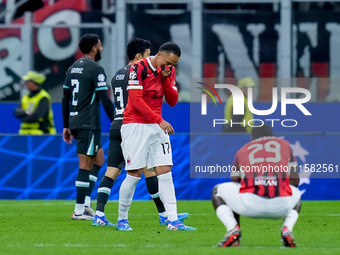 Noah Okafor of AC Milan and Youssouf Fofana of AC Milan look dejected at the end of the UEFA Champions League 2024/25 League Phase MD1 match...