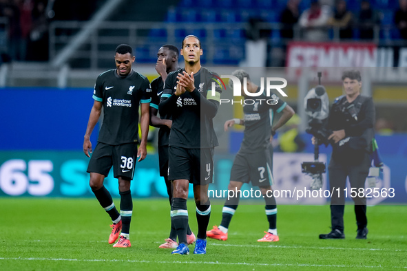 Virgil van Dijk of Liverpool FC applauds his supporters during the UEFA Champions League 2024/25 League Phase MD1 match between AC Milan and...