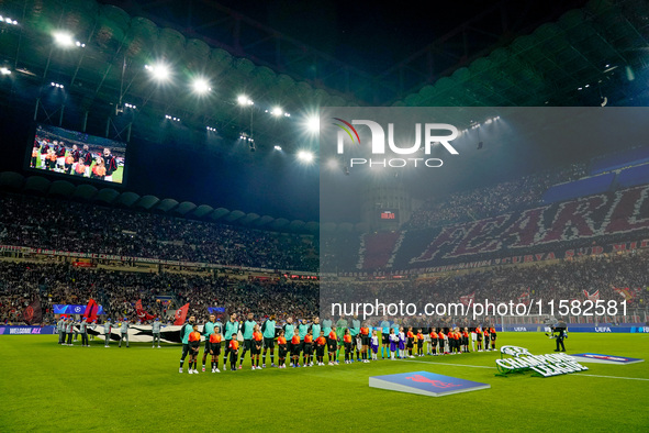 Team’s line up during the UEFA Champions League 2024/25 League Phase MD1 match between AC Milan and Liverpool FC at Stadio San Siro on Septe...