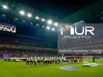 Team’s line up during the UEFA Champions League 2024/25 League Phase MD1 match between AC Milan and Liverpool FC at Stadio San Siro on Septe...