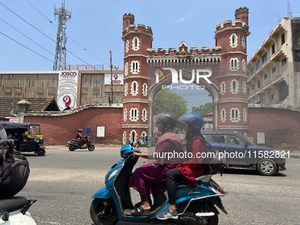 Traffic drives past the East Fort gateway in Thiruvananthapuram, Kerala, India, on April 2, 2024. 