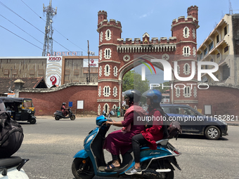 Traffic drives past the East Fort gateway in Thiruvananthapuram, Kerala, India, on April 2, 2024. (