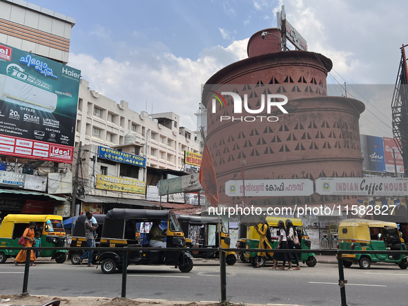 Traffic drives past the Indian Coffee House building in Thiruvananthapuram, Kerala, India, on April 2, 2024. 