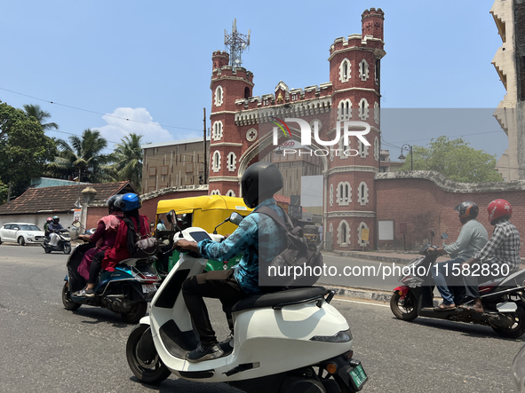 Traffic drives past the East Fort gateway in Thiruvananthapuram, Kerala, India, on April 2, 2024. 