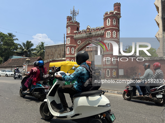 Traffic drives past the East Fort gateway in Thiruvananthapuram, Kerala, India, on April 2, 2024. (