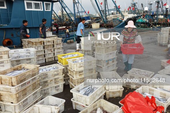 Citizens buy various kinds of seafood unloaded at Jimiya fishing Port in the West Coast New Area in Qingdao, China, on September 18, 2024. 