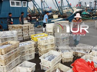 Citizens buy various kinds of seafood unloaded at Jimiya fishing Port in the West Coast New Area in Qingdao, China, on September 18, 2024. (