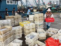 Citizens buy various kinds of seafood unloaded at Jimiya fishing Port in the West Coast New Area in Qingdao, China, on September 18, 2024. (