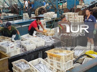 Citizens buy various kinds of seafood unloaded at Jimiya fishing Port in the West Coast New Area in Qingdao, China, on September 18, 2024. (