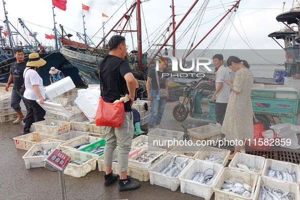 Citizens buy various kinds of seafood unloaded at Jimiya fishing Port in the West Coast New Area in Qingdao, China, on September 18, 2024. 