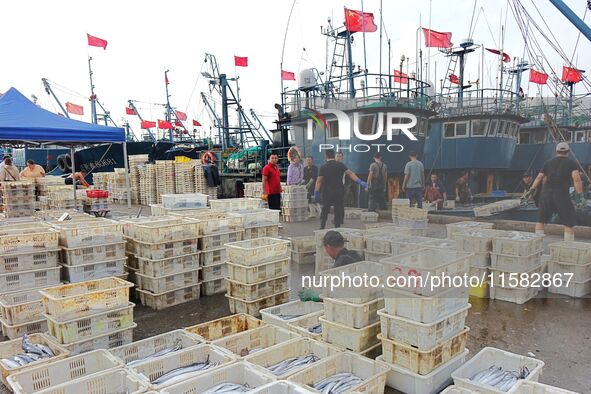 Citizens buy various kinds of seafood unloaded at Jimiya fishing Port in the West Coast New Area in Qingdao, China, on September 18, 2024. 