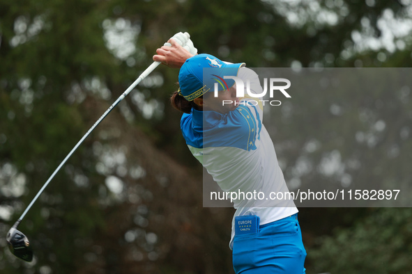 GAINESVILLE, VIRGINIA - SEPTEMBER 13: Carlota Ciganda of Team Europe plays her tee shot on the third green during Foursome Matches on Day On...