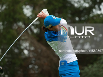 GAINESVILLE, VIRGINIA - SEPTEMBER 13: Carlota Ciganda of Team Europe plays her tee shot on the third green during Foursome Matches on Day On...