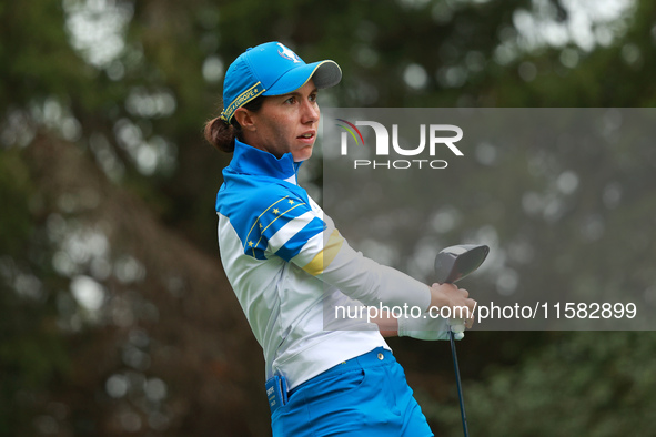 GAINESVILLE, VIRGINIA - SEPTEMBER 13: Carlota Ciganda of Team Europe plays her tee shot on the third green during Foursome Matches on Day On...