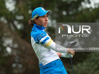 GAINESVILLE, VIRGINIA - SEPTEMBER 13: Carlota Ciganda of Team Europe plays her tee shot on the third green during Foursome Matches on Day On...