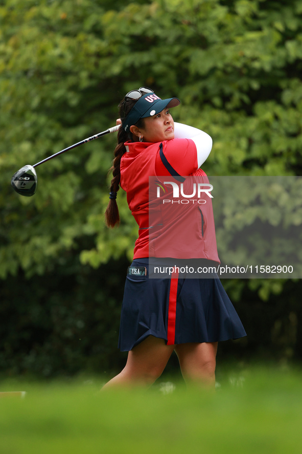 GAINESVILLE, VIRGINIA - SEPTEMBER 13: Lilia Vu of Team USA plays her tee shot on the third hole during Foursome Matches on Day One of the So...