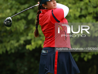 GAINESVILLE, VIRGINIA - SEPTEMBER 13: Lilia Vu of Team USA plays her tee shot on the third hole during Foursome Matches on Day One of the So...