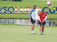 GAINESVILLE, VIRGINIA - SEPTEMBER 13: Lilia Vu of Team USA lines up her putt on the 4th green during Foursome Matches on Day One of the Solh...