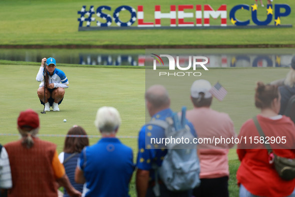 GAINESVILLE, VIRGINIA - SEPTEMBER 13: Linn Grant of Team Europe lines up her putt on the fourth green during Foursome Matches on Day One of...