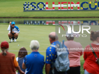 GAINESVILLE, VIRGINIA - SEPTEMBER 13: Linn Grant of Team Europe lines up her putt on the fourth green during Foursome Matches on Day One of...