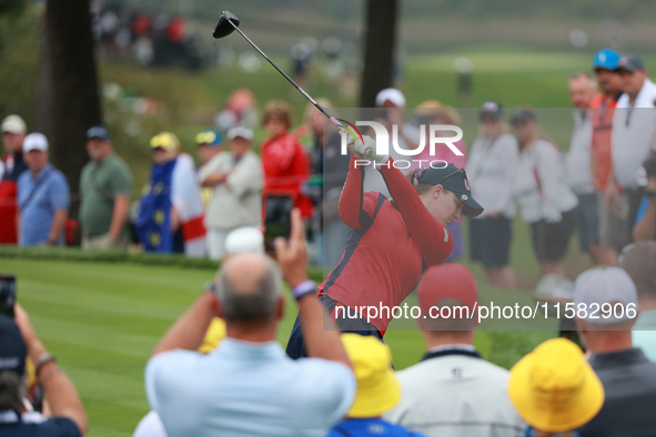 GAINESVILLE, VIRGINIA - SEPTEMBER 13: Jennifer Kupcho of the United States plays her tee shot on the eight hole during Foursome Matches on D...