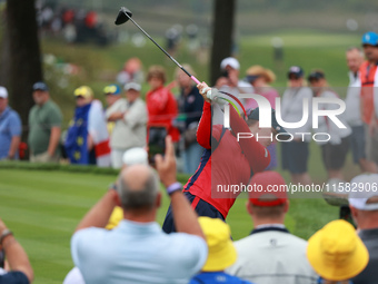 GAINESVILLE, VIRGINIA - SEPTEMBER 13: Jennifer Kupcho of the United States plays her tee shot on the eight hole during Foursome Matches on D...