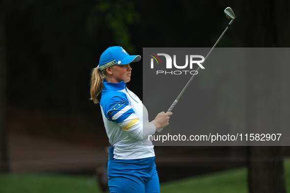 GAINESVILLE, VIRGINIA - SEPTEMBER 13: Maja Stark of Team Europe plays her second shot on the eight hole during Foursome Matches on Day One o...