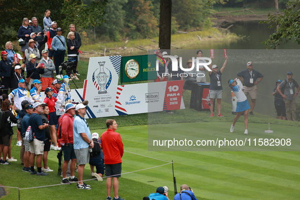 GAINESVILLE, VIRGINIA - SEPTEMBER 13: Celine Boutier of Team Europe plays her tee shot on the 10th hole during Foursome Matches on Day One o...