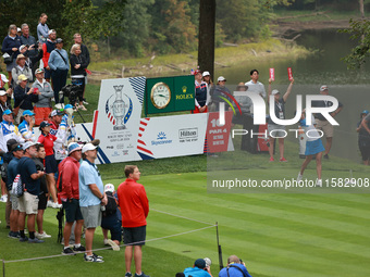 GAINESVILLE, VIRGINIA - SEPTEMBER 13: Celine Boutier of Team Europe plays her tee shot on the 10th hole during Foursome Matches on Day One o...