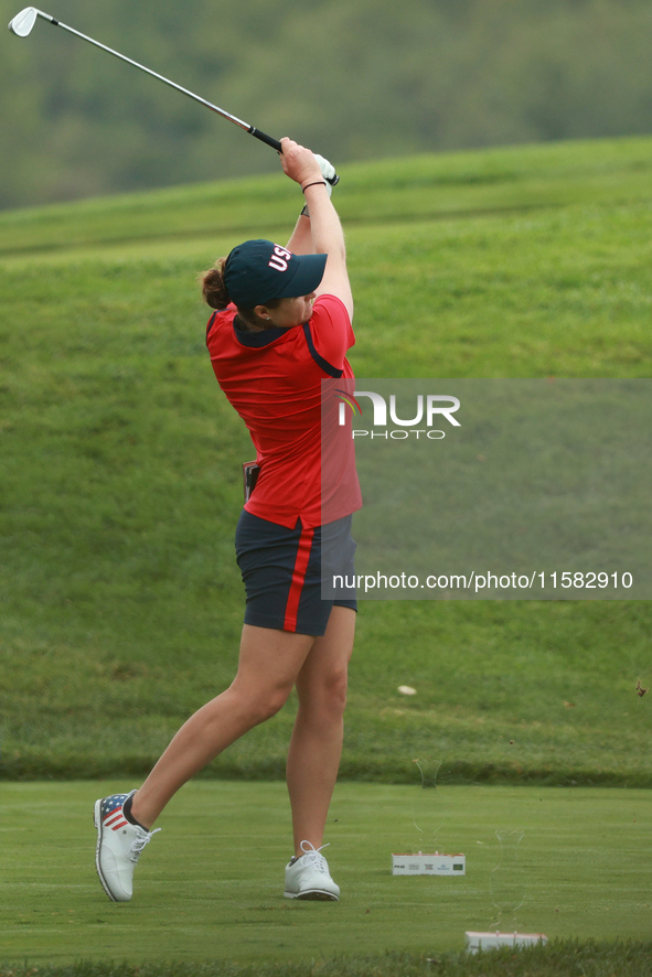 GAINESVILLE, VIRGINIA - SEPTEMBER 13: Lauren Coughlin of the United States plays her tee shot on the 12th hole during Foursome Matches on Da...