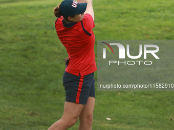 GAINESVILLE, VIRGINIA - SEPTEMBER 13: Lauren Coughlin of the United States plays her tee shot on the 12th hole during Foursome Matches on Da...