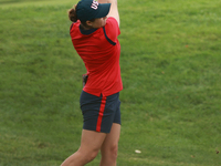 GAINESVILLE, VIRGINIA - SEPTEMBER 13: Lauren Coughlin of the United States plays her tee shot on the 12th hole during Foursome Matches on Da...