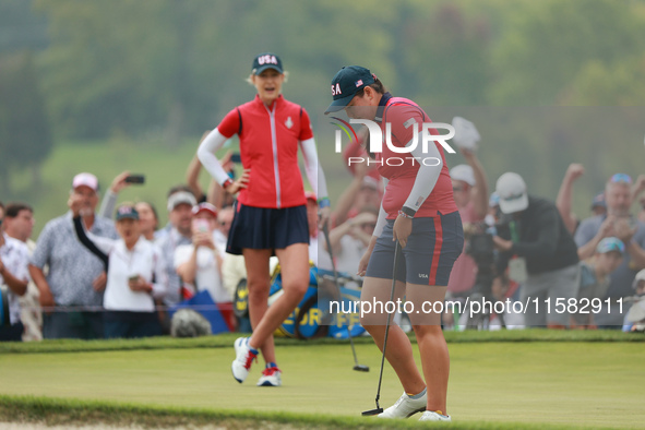 GAINESVILLE, VIRGINIA - SEPTEMBER 13: Allisen Corpuz of the United States plays her putt on the 16th green during Foursome Matches on Day On...