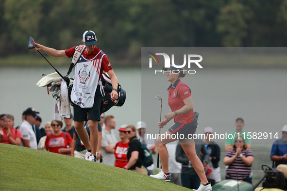 GAINESVILLE, VIRGINIA - SEPTEMBER 13: Ally Ewing of the United States looks on the 16th green during Foursome Matches on Day One of the Solh...