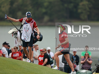 GAINESVILLE, VIRGINIA - SEPTEMBER 13: Ally Ewing of the United States looks on the 16th green during Foursome Matches on Day One of the Solh...