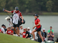 GAINESVILLE, VIRGINIA - SEPTEMBER 13: Ally Ewing of the United States looks on the 16th green during Foursome Matches on Day One of the Solh...