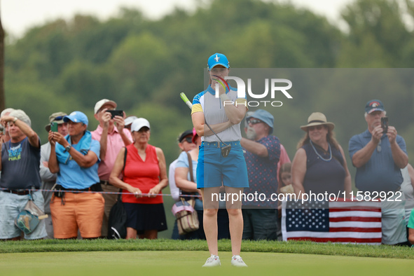 GAINESVILLE, VIRGINIA - SEPTEMBER 13: Leona Maguire of Team Europe waits on the second green during Fourball Matches on Day One of the Solhe...