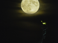 A partial lunar eclipse and supermoon occur in New York, United States, on September 17, 2024, as captured from Liberty Park in New Jersey....