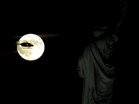 A partial lunar eclipse and supermoon occur in New York, United States, on September 17, 2024, as captured from Liberty Park in New Jersey....