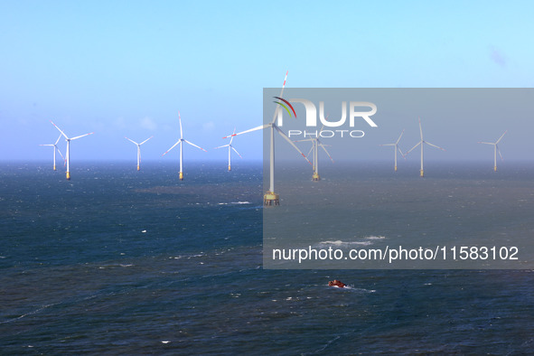 Wind turbines stand in the sea and rotate continuously at Pingtan Comprehensive Experimental Zone in Fujian, China, on September 17, 2024. 