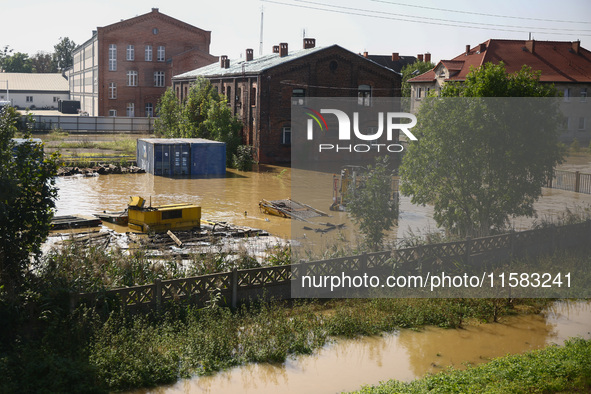 Area covered with water after Nysa Klodzka river flooded town of Lewin Brzeski in southwestern Poland, on September 17th, 2024. Storm Boris...