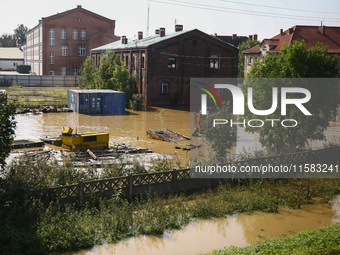 Area covered with water after Nysa Klodzka river flooded town of Lewin Brzeski in southwestern Poland, on September 17th, 2024. Storm Boris...