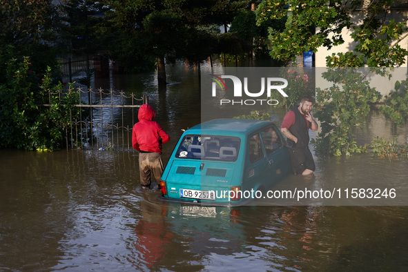 Streets covered with water after Nysa Klodzka river flooded town of Lewin Brzeski in southwestern Poland, on September 17th, 2024. Storm Bor...