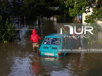 Streets covered with water after Nysa Klodzka river flooded town of Lewin Brzeski in southwestern Poland, on September 17th, 2024. Storm Bor...