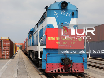 A special export container train loaded with auto parts leaves Nanchang International Dry Port in Nanchang, China, on September 18, 2024. (